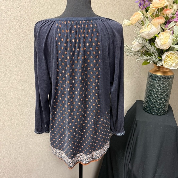 Vintage America Blues Navy Boho Embroidered Print Tunic Top XL Fall Casual - Picture 3 of 7